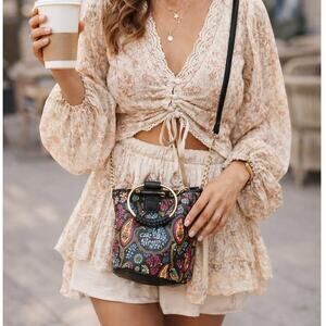 Carlos Santana Floral Mini Bucket Bag Crossbody Faux Leather Gold Ring Handle